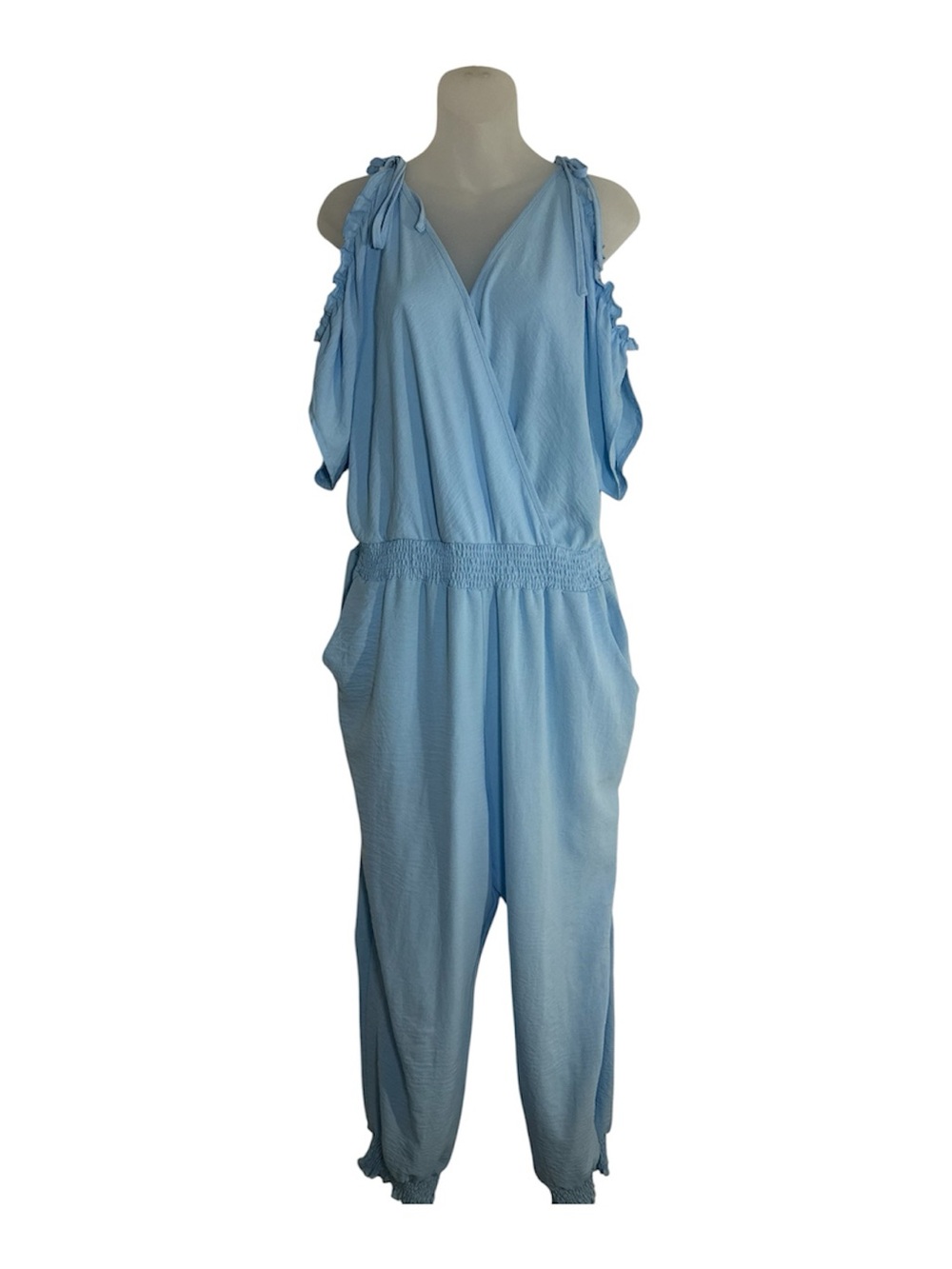 PrettyGarden Light Blue Ruffle Sleeve Tie-Strap Jumpsuit XL Soft-Girl Coastal